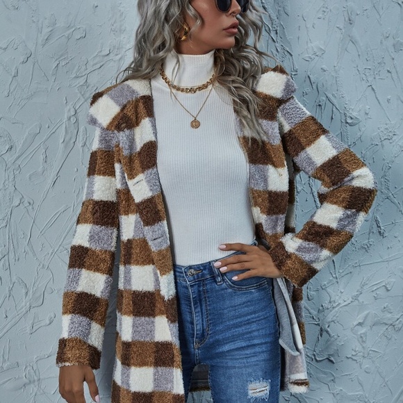 plaid brown mocha pocket hoodie teddy jacket coat - Picture 2 of 6